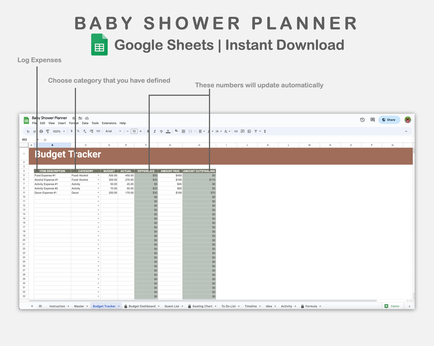 Google Sheets - Baby Shower Planner - Earthy