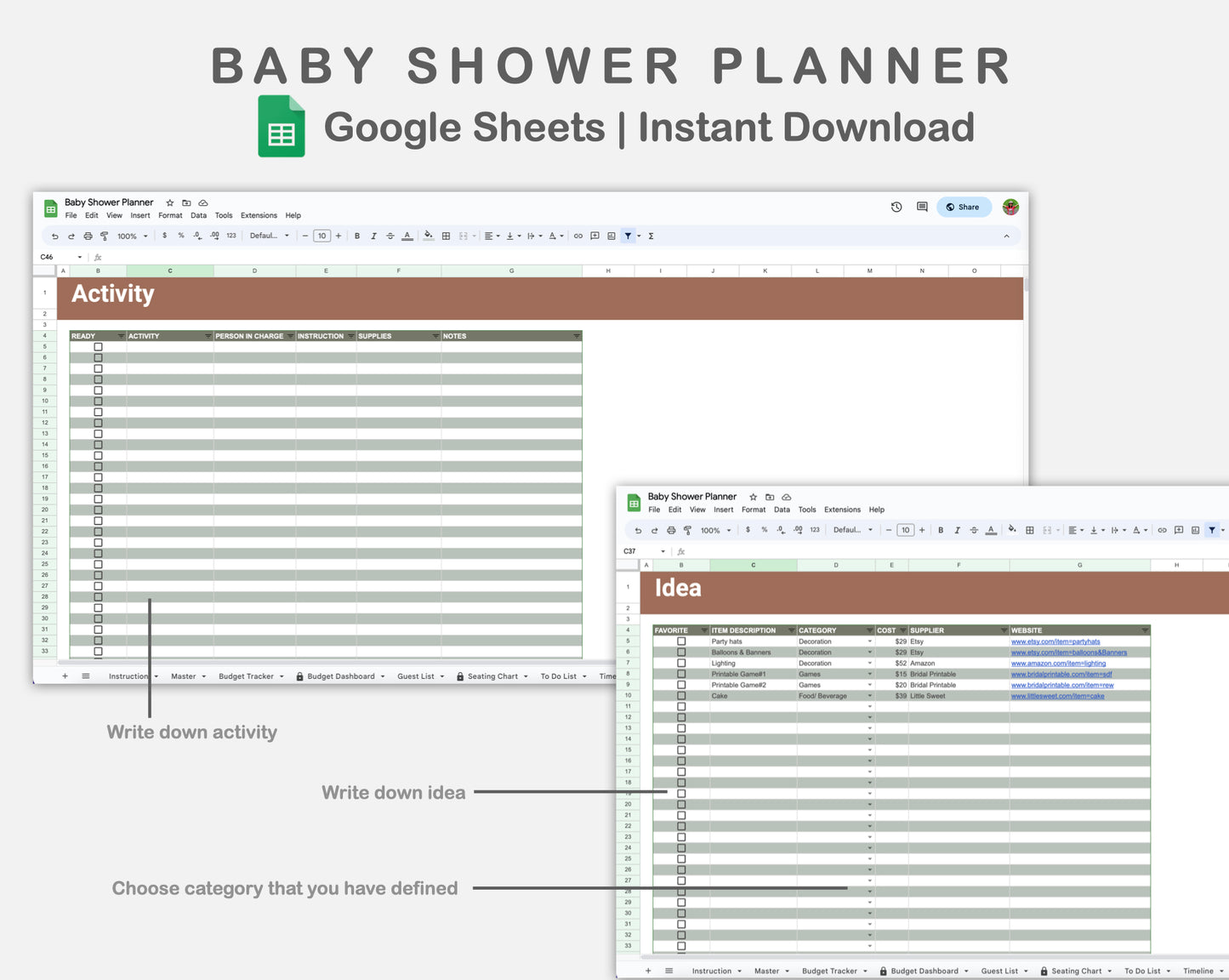 Google Sheets - Baby Shower Planner - Earthy