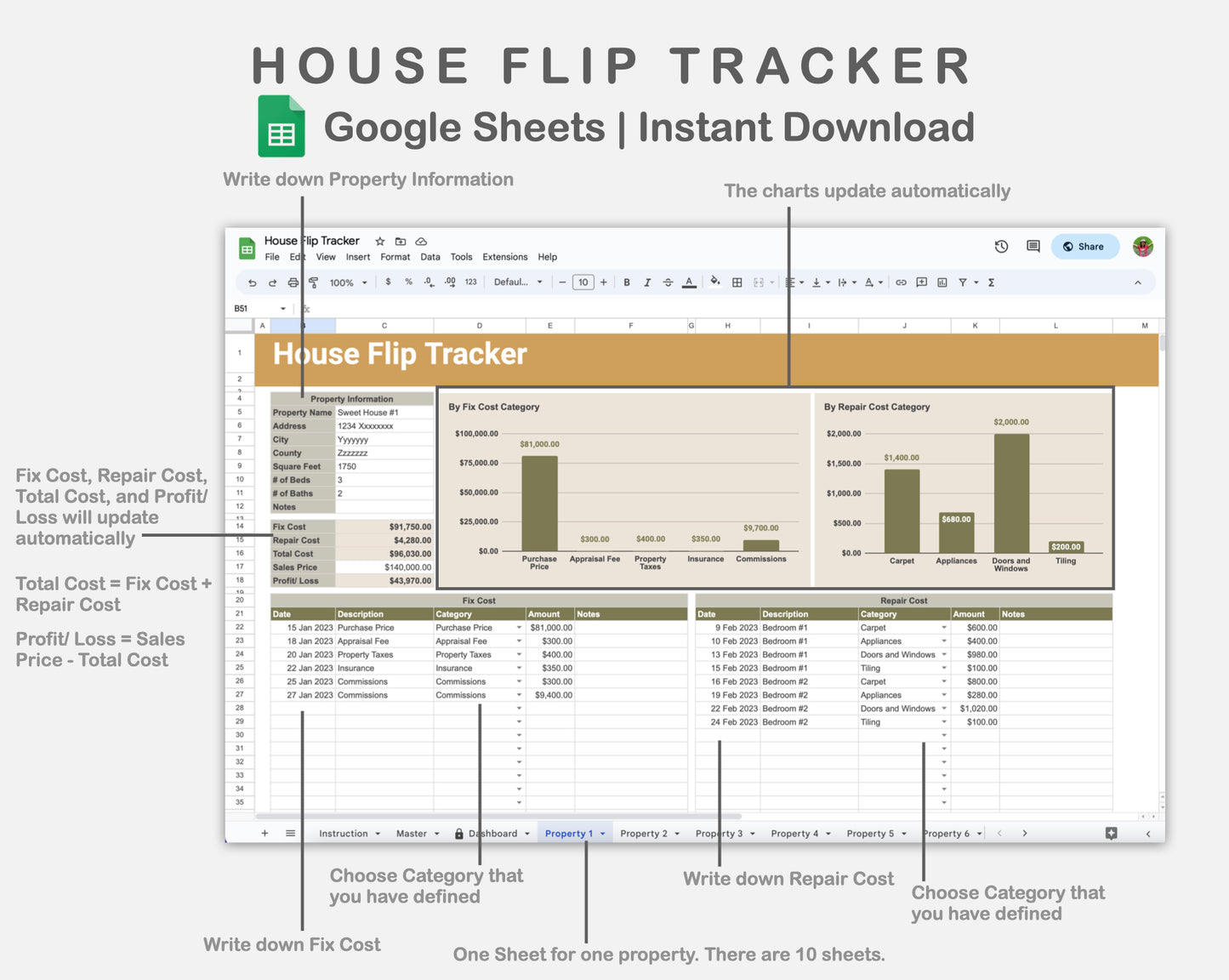 Google Sheets - House Flip Tracker - Boho