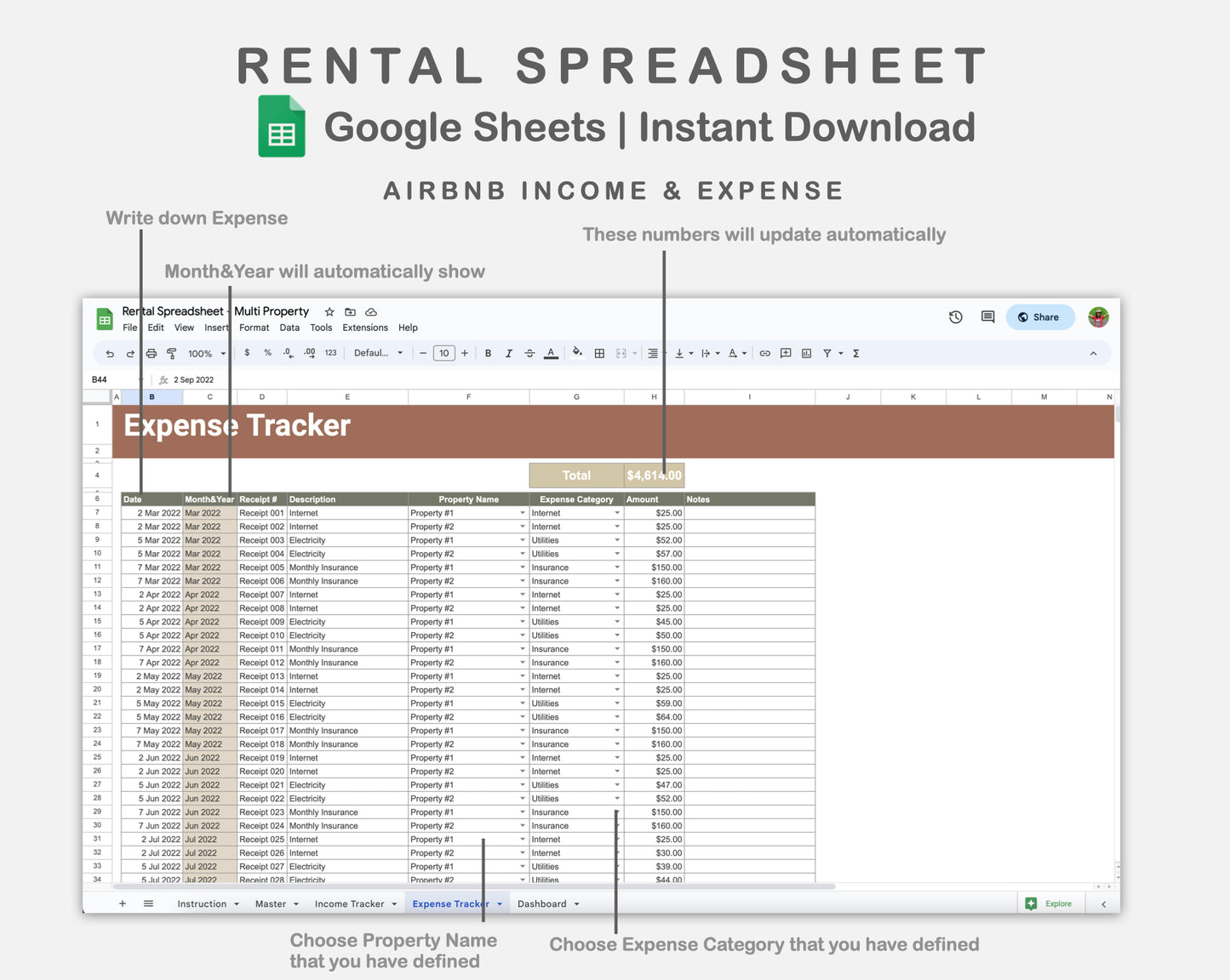 Google Sheets - Rental Spreadsheet - Multi Property - Earthy