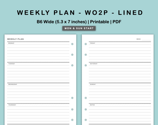 B6 Wide Inserts - Weekly Plan - WO2P - Lined