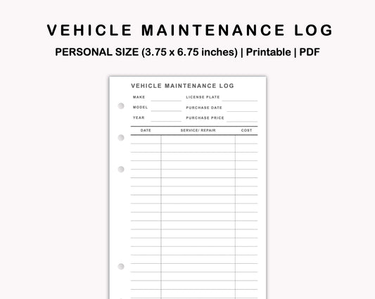 Personal Inserts - Vehicle Maintenance Log