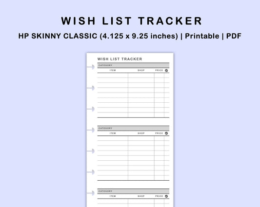 Skinny Classic HP Inserts - Wish List Tracker by Category