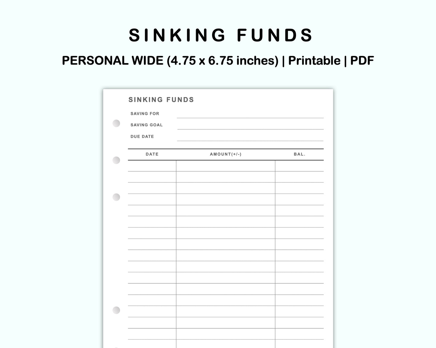 Personal Wide Inserts - Sinking Funds