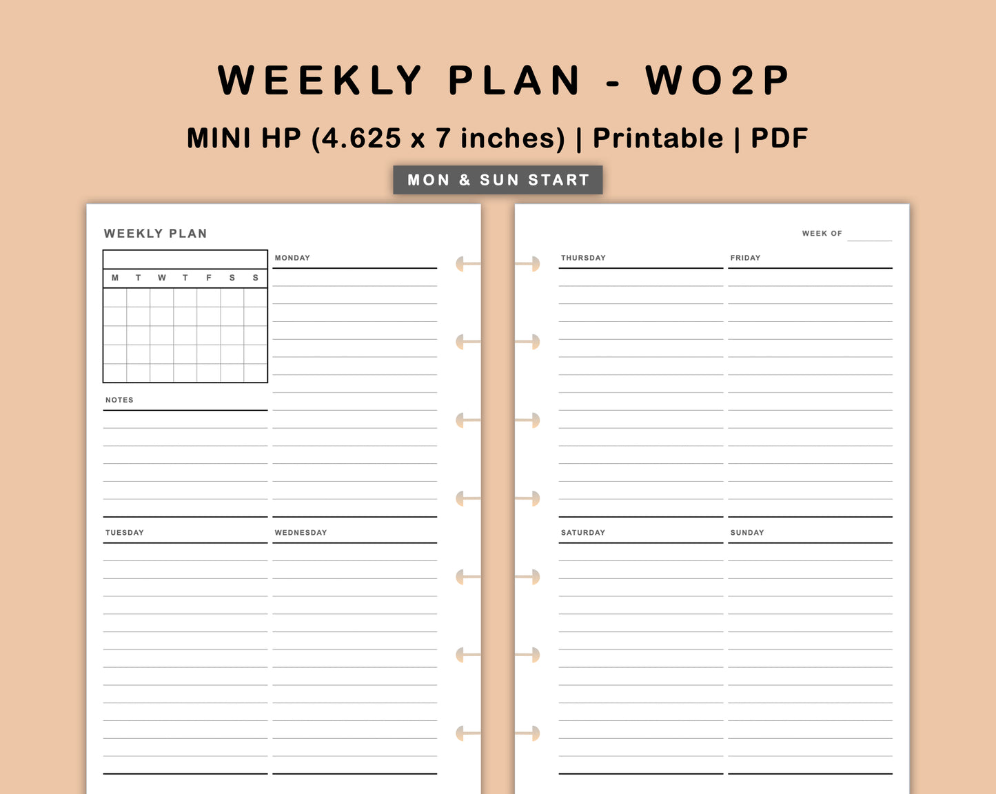Mini Happy Planner Inserts - Weekly Plan - WO2P - with Calendar