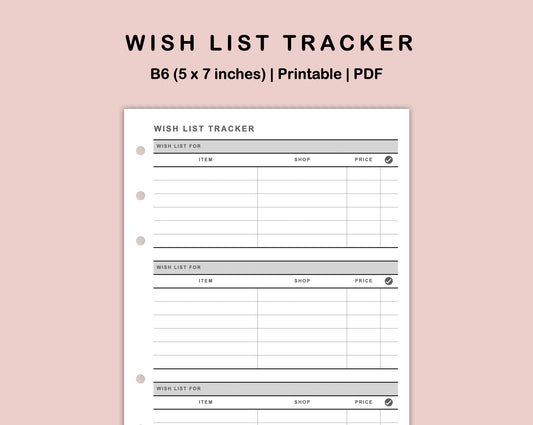 B6 Inserts - Wish List Tracker by Wish List For