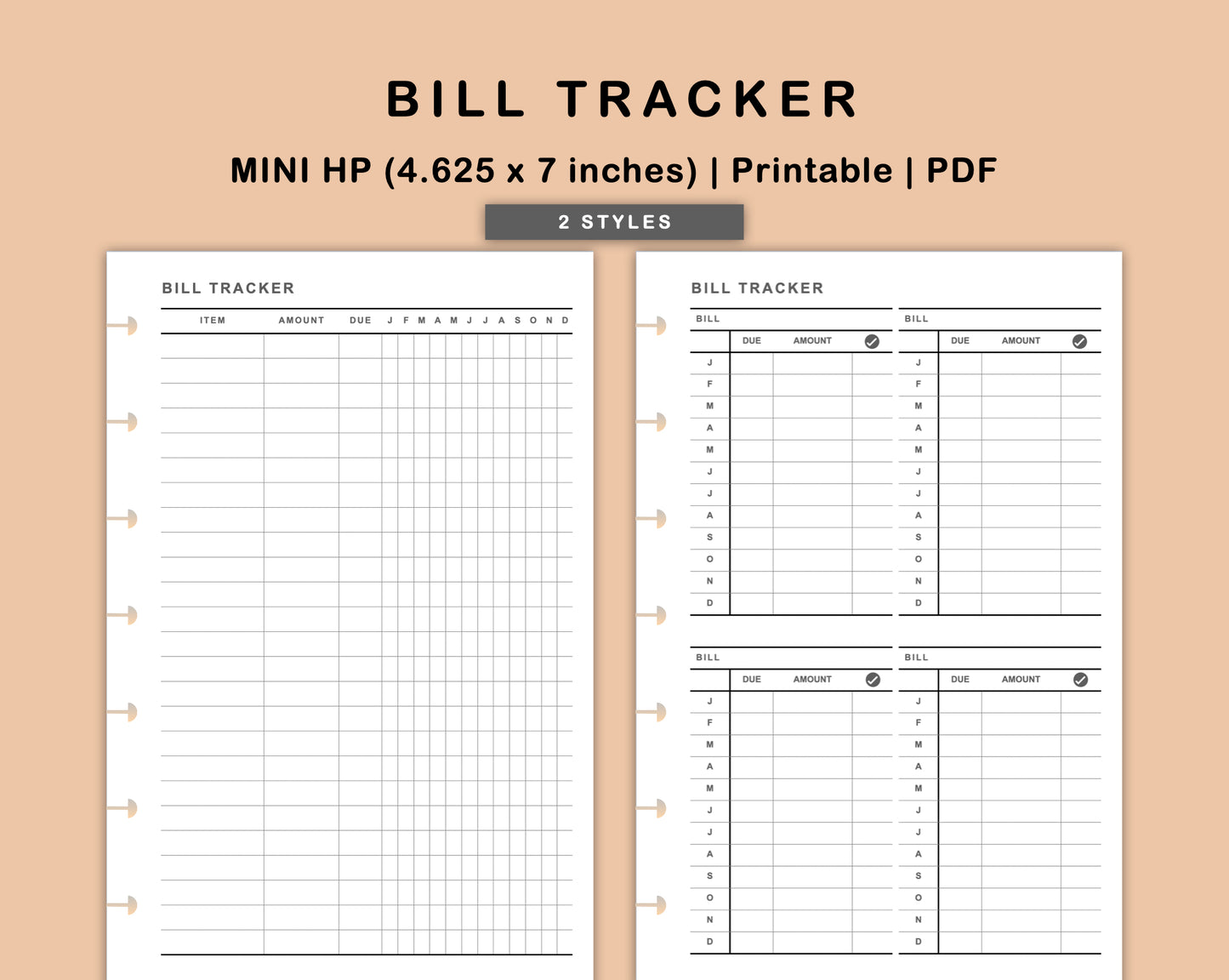 Mini Happy Planner Inserts - Bill Tracker