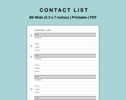 B6 Wide Inserts - Contact List