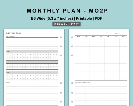 B6 Wide Inserts - Monthly Plan - MO2P - with Habit Tracker