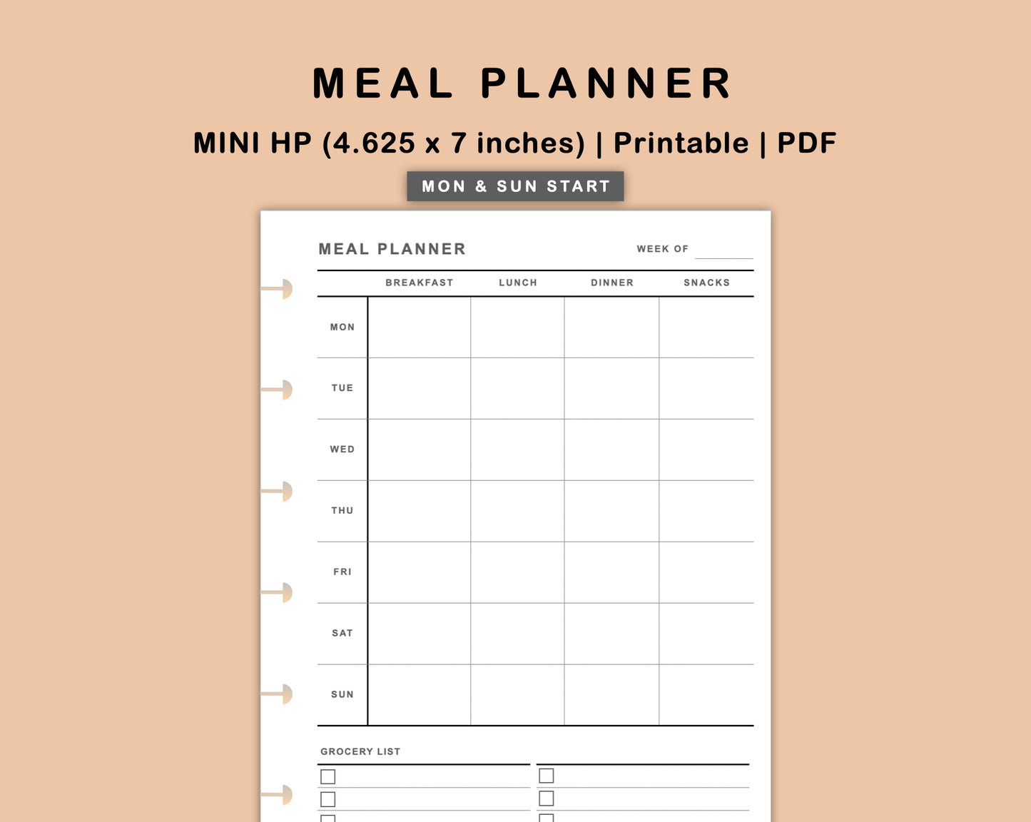 Mini Happy Planner Inserts - Meal Planner with Grocery List