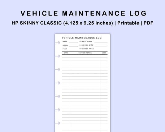 Skinny Classic HP Inserts - Vehicle Maintenance Log