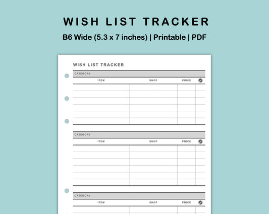 B6 Wide Inserts - Wish List Tracker by Category