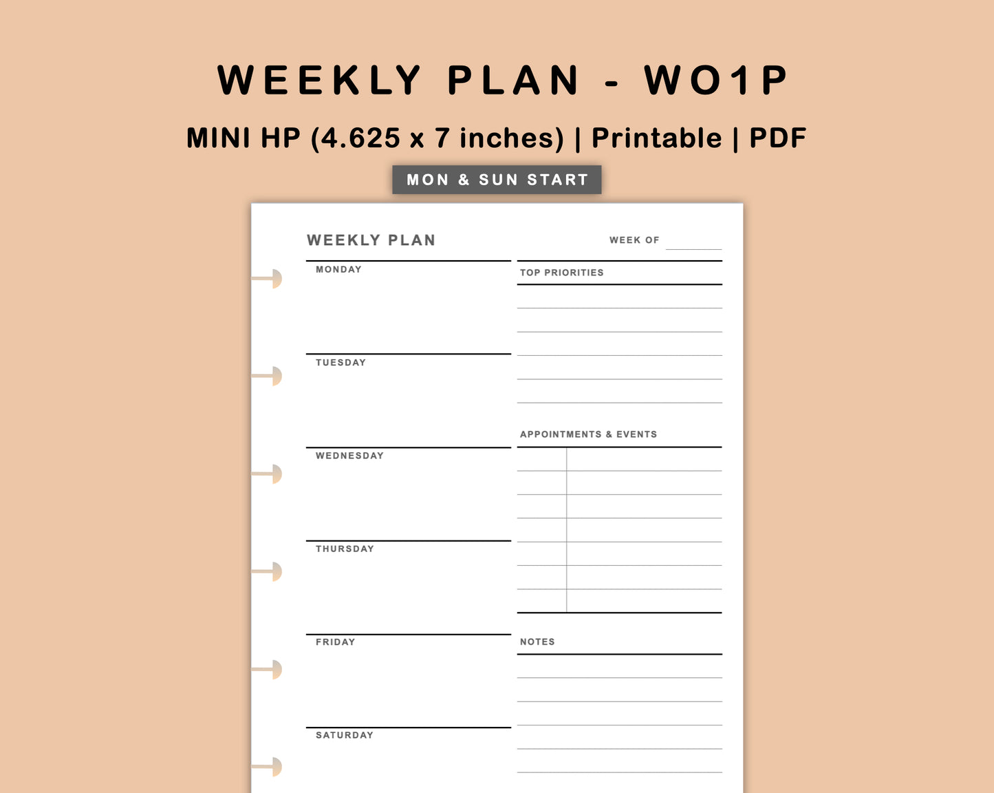 Mini Happy Planner Inserts - Weekly Plan - WO1P - with Top Priority