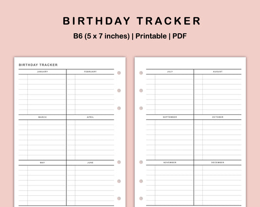 B6 Inserts - Birthday Tracker