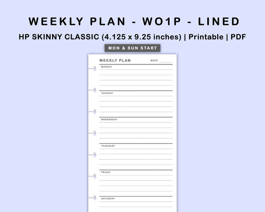 Skinny Classic HP Inserts - Weekly Plan - WO1P - Lined