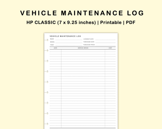 Classic HP Inserts - Vehicle Maintenance Log