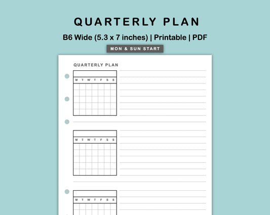 B6 Wide Inserts - Quarterly Plan with Calendar