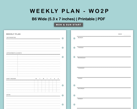 B6 Wide Inserts - Weekly Plan - WO2P - with Habit Tracker