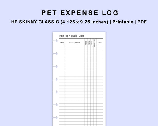 Skinny Classic HP Inserts - Pet Expense Log