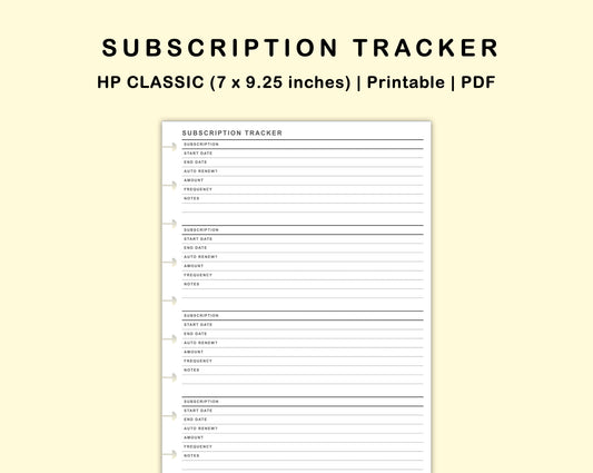 Classic HP Inserts - Subscription Tracker