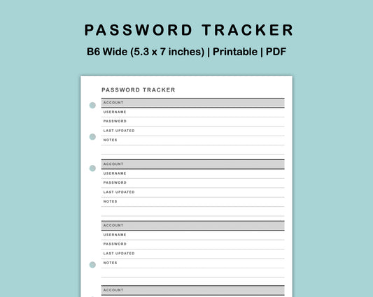 B6 Wide Inserts - Password Tracker