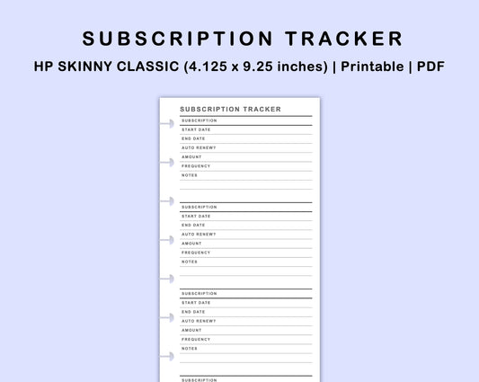 Skinny Classic HP Inserts - Subscription Tracker