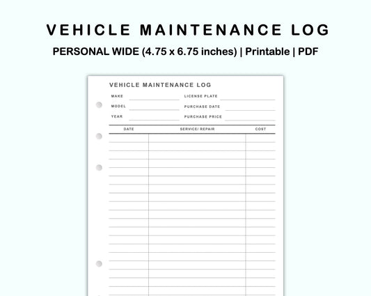 Personal Wide Inserts - Vehicle Maintenance Log