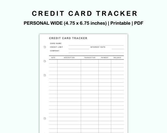 Personal Wide Inserts - Credit Card Tracker