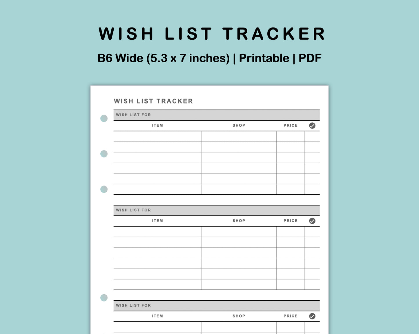 B6 Wide Inserts - Wish List Tracker by Wish List For