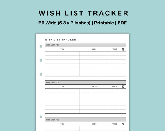 B6 Wide Inserts - Wish List Tracker by Wish List For