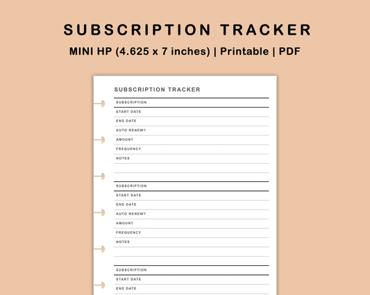 Mini Happy Planner Inserts - Subscription Tracker