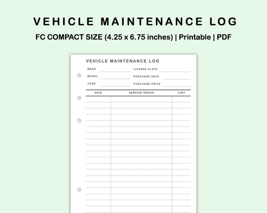 FC Compact Inserts - Vehicle Maintenance Log