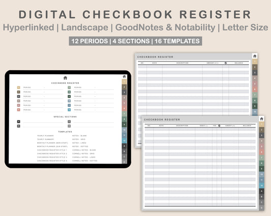 Digital Checkbook Register - Landscape - Muted