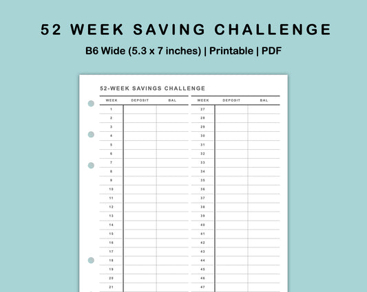 B6 Wide Inserts - 52 Week Saving Challenge