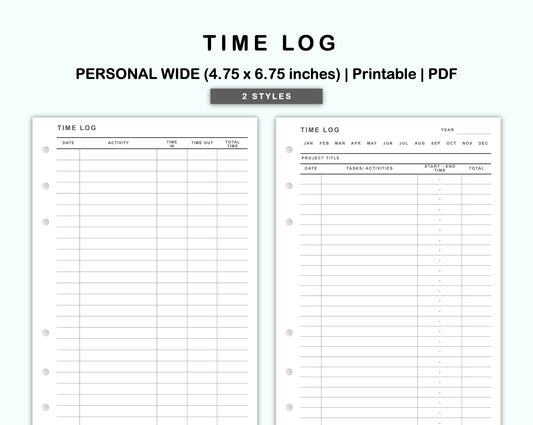 Personal Wide Inserts - Time Log