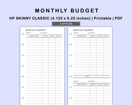 Skinny Classic HP Inserts - Monthly Budget