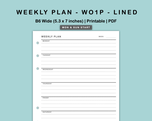 B6 Wide Inserts - Weekly Plan - WO1P - Lined