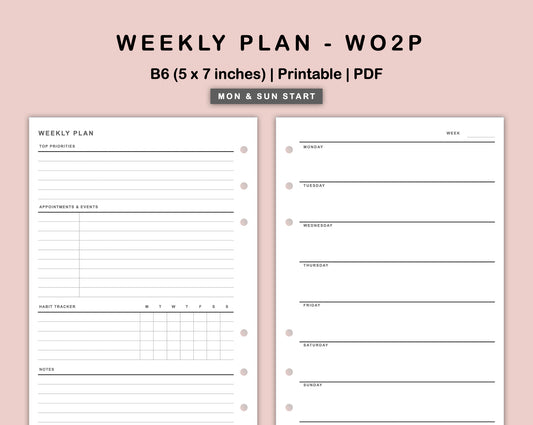 B6 Inserts - Weekly Plan - WO2P - with Habit Tracker