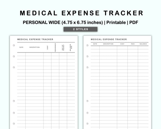 Personal Wide Inserts - Medical Expense Tracker