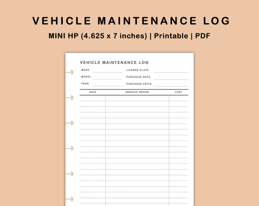 Mini Happy Planner Inserts - Vehicle Maintenance Log