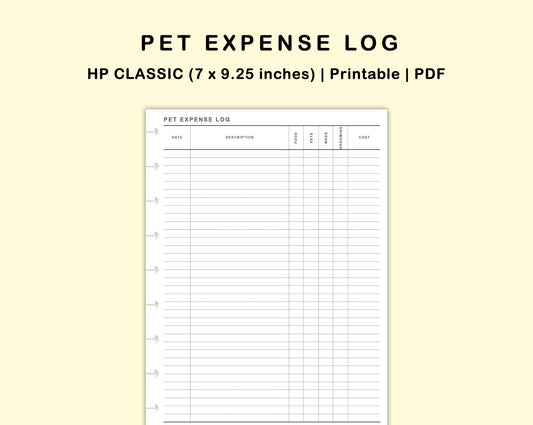 Classic HP Inserts - Pet Expense Log