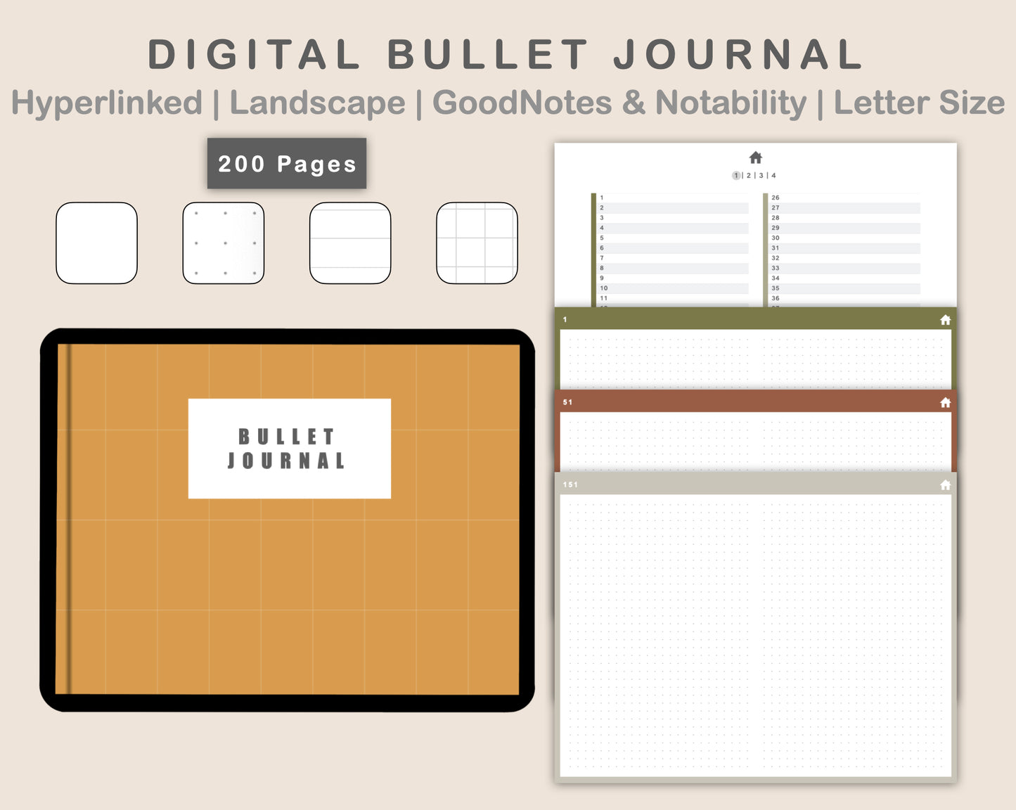 Digital Bullet Journal 200 Pages - Landscape - Boho