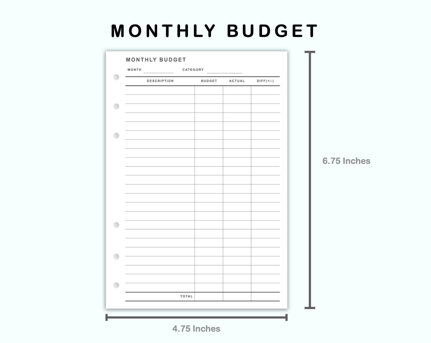 Personal Wide Inserts - Monthly Budget