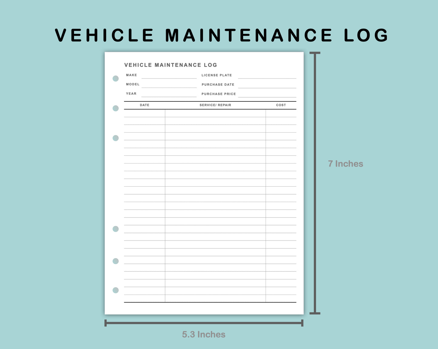 B6 Wide Inserts - Vehicle Maintenance Log