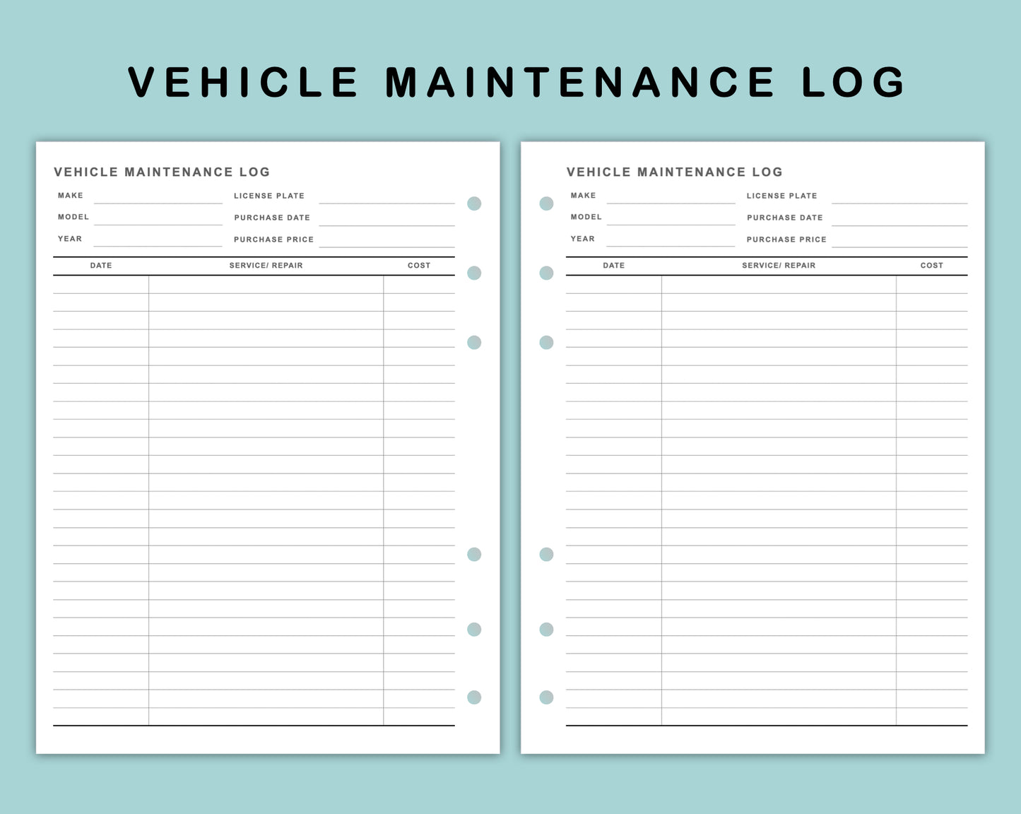 B6 Wide Inserts - Vehicle Maintenance Log